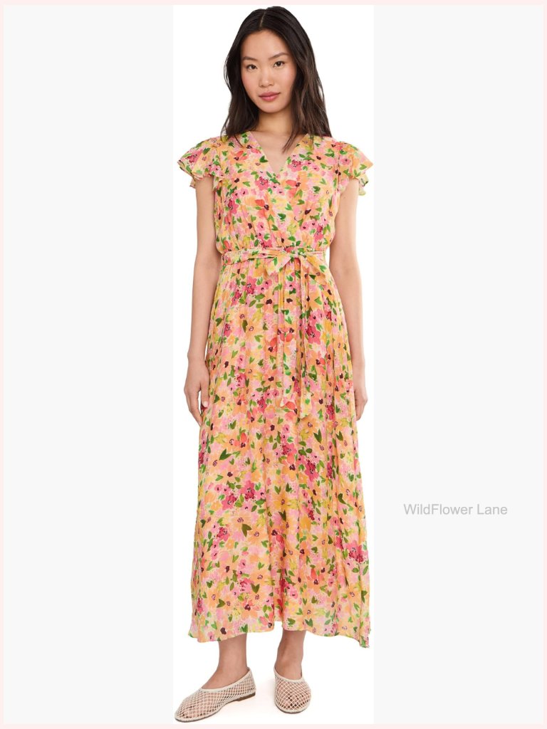 Wrap Front Short Sleeve Midi Dress, Floral Print, V-Neck, A-Line